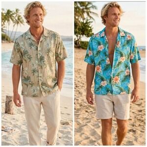 Bundle of 2Caribbean Joe 100% Silk Floral Mens  Short Sleeve  Button Shirt Sz L